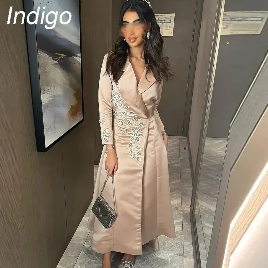 Indigo Modern Prom Dresses Beads V Neck Long Sleeves Ankle-Length A Line Formal Party Dress For Women 2024 Soirée Robe Femme