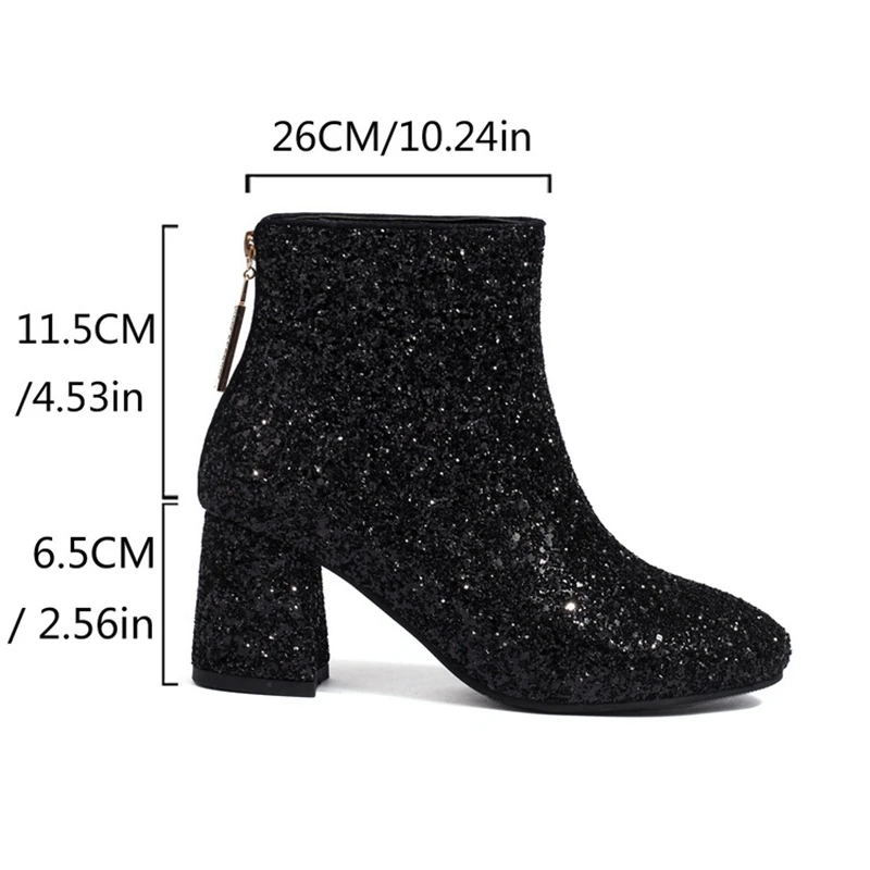 

ORCHA LISA Fashion shoes Women's Ankle Boots Round Toe 6.5cm Chunky Heel Side Sequins Big Size 43-48 US15-17 Party Wedding