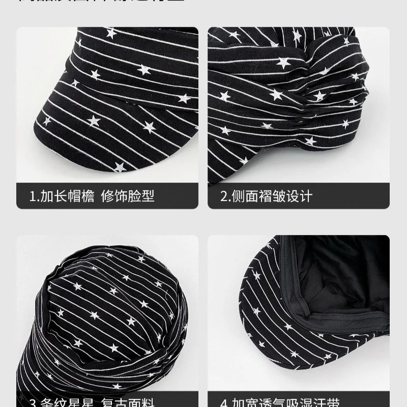 Koreanischer Stil Stern- und Streifenmuster Plissierter Reiterhut Frühling und Herbst Neue Vielseitige Mode Große Version Sonnenblende Newsboy-Kappe – Detail 6