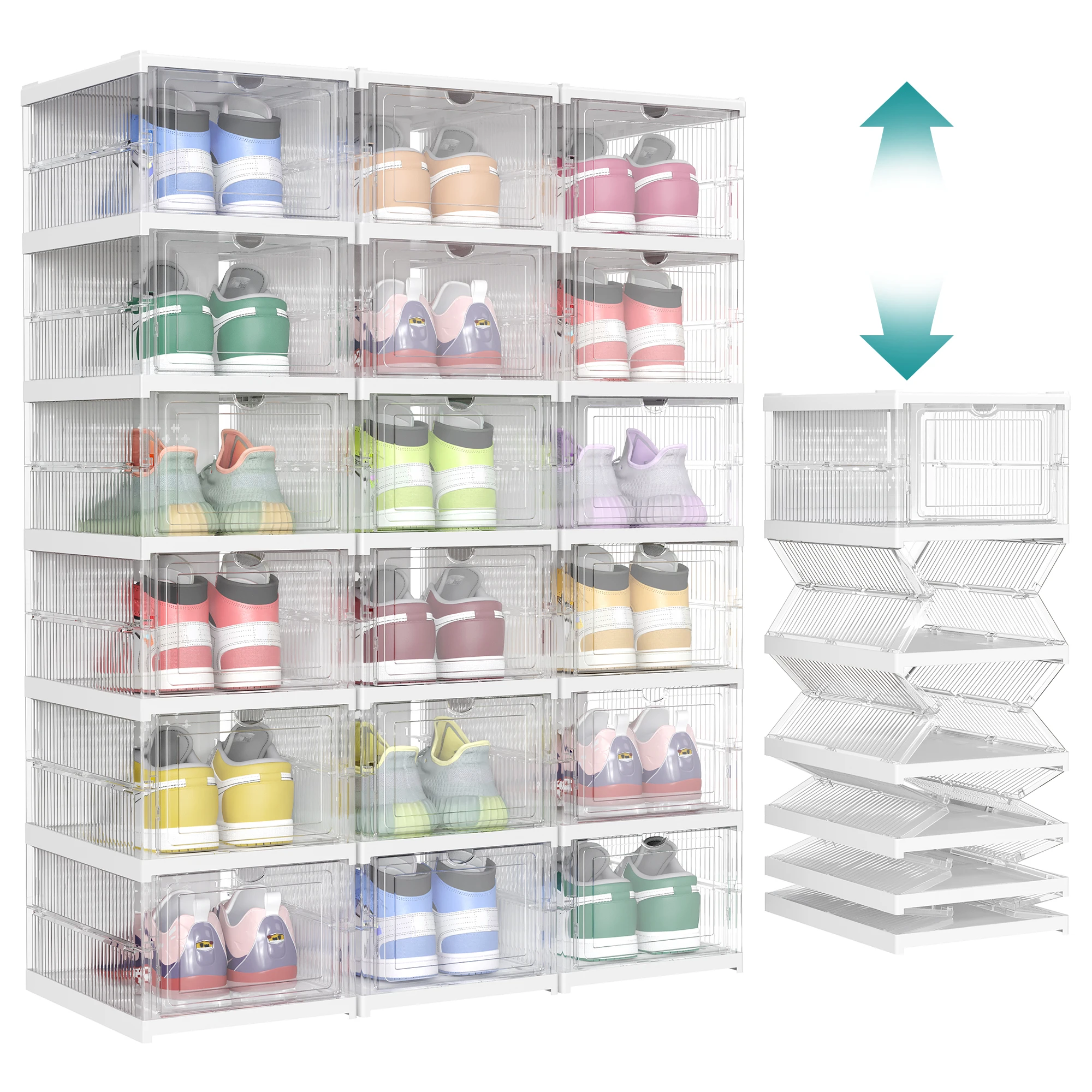 

SONGMICS Foldable Shoe Boxes, Pack of 18 Stackable Shoe Storage Organizer, Set of 3 Integraed Shoe Cabinets, Portable