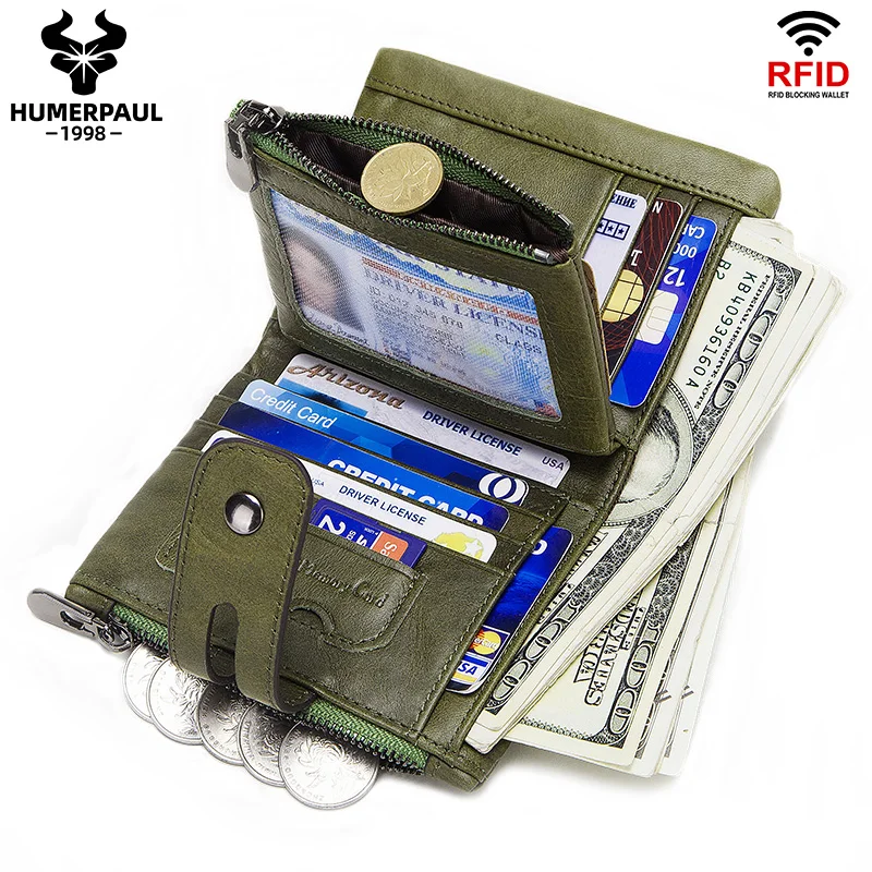 HUMERPAUL RFID 100% Genuine Leather Wallet RFID Blocking Card Holder With Zipper Coin Pocket For Wallet  Super Value Short Purse