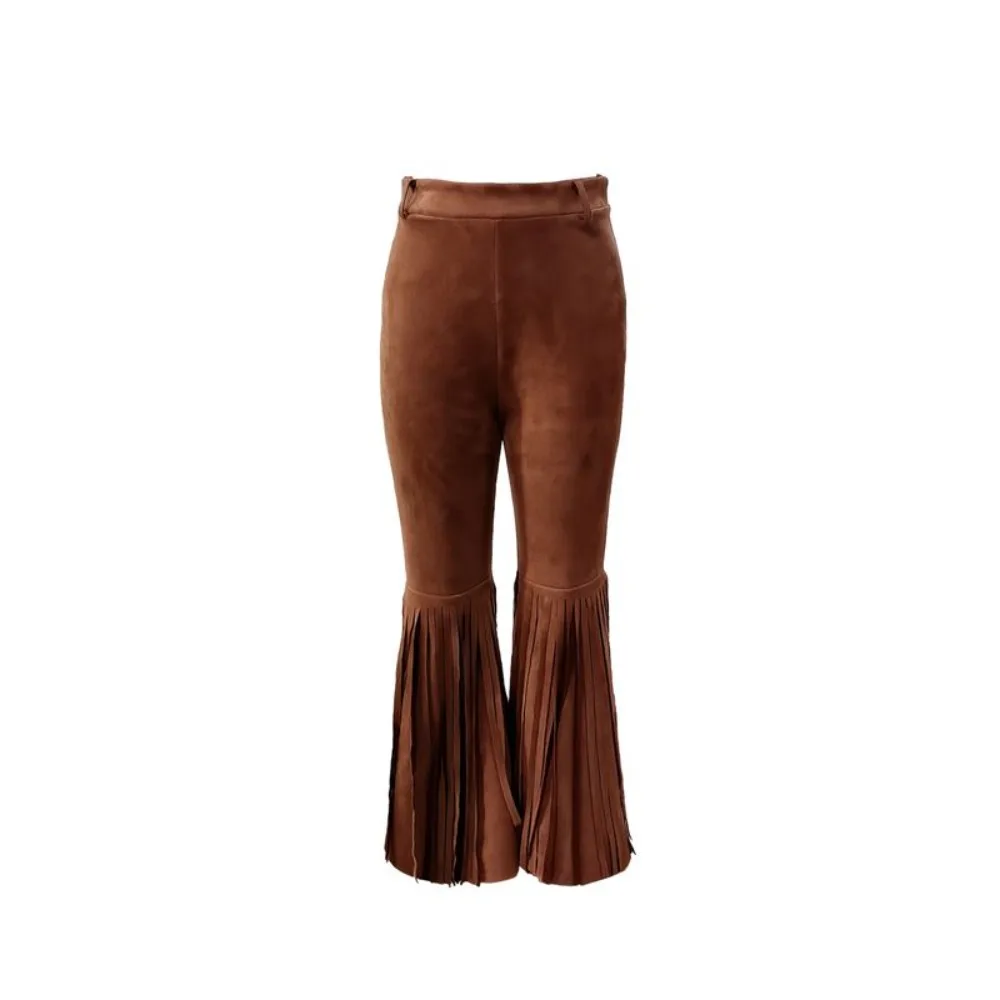 

Solid Color Suede Tassel Pants Splicing Design Streetwear Retro High Waist Trousers Fringe Hem Boho Style Slim Fit Flare Pants