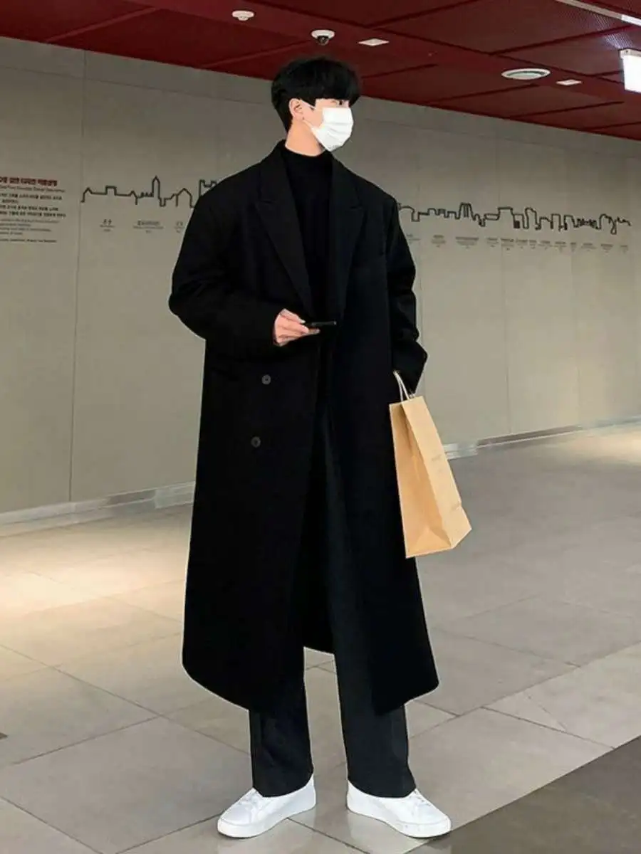 

Зимнее мужское шерстяное пальто удлиненное, ниже колена, свободного кроя, в корейском стиле, молодежное, однотонное