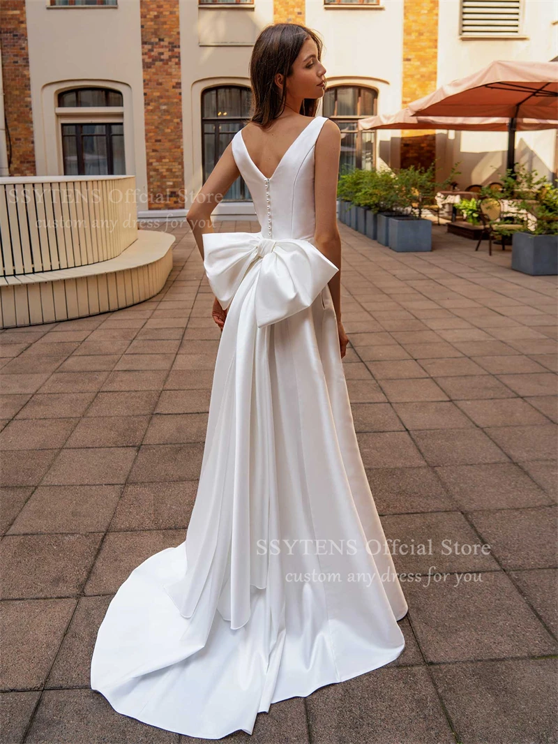 

SSYTENS Soft Satin A Line Wedding Dresses Sleeveless White Bridal Gowns Bow Long Train Modest Wedding Party Dress Customized