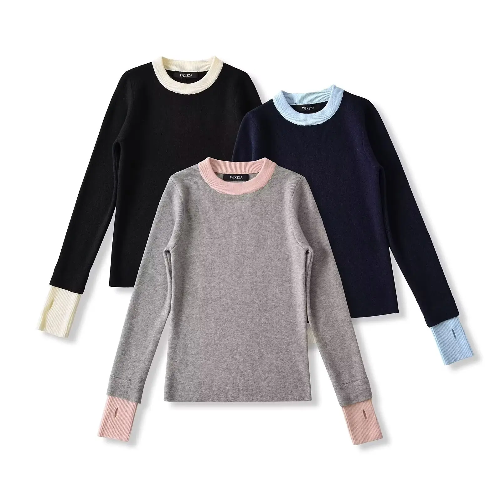 Herfst trui met ronde hals en contrasterende kleur Dames gesplitste trui met extra lange mouwen