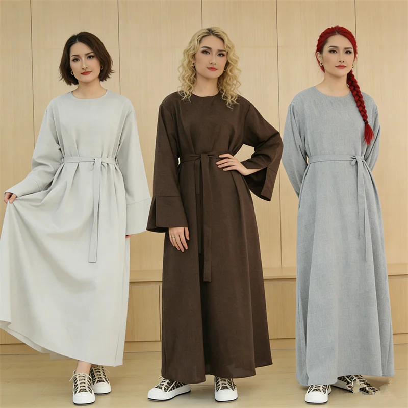 

Новое праздничное платье-джеллаба для женщин: скромное мусульманское платье с карманами и поясом, Дубайская абайя, турецкий кафтан, исламская одежда для Рамадана