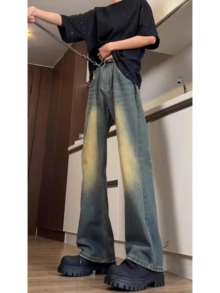 

Мужские летние тонкие джинсы с высокой талией, рваные, синие, прямого кроя, CleanFit, в американском уличном стиле, расклешенные брюки