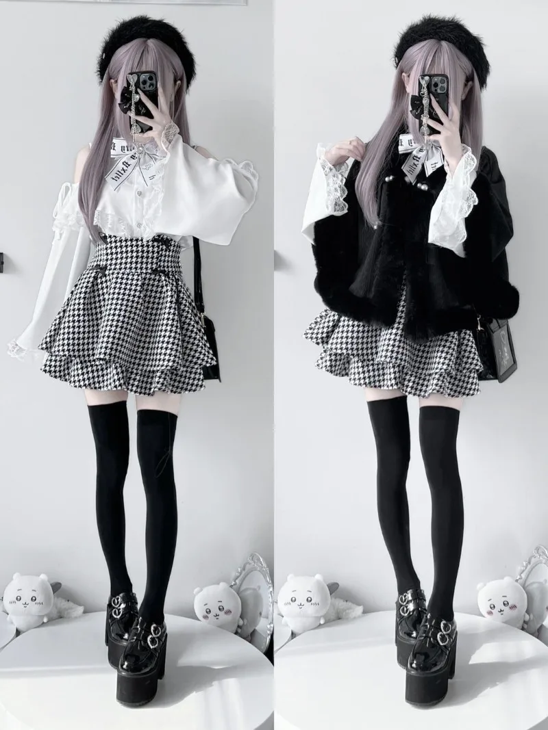 Japanse Kawaii meisje zoete kant lange mouw off-shoulder shirt + hoge taille duizend vogel halve rok 2-delige set meisjes nieuwe kleding