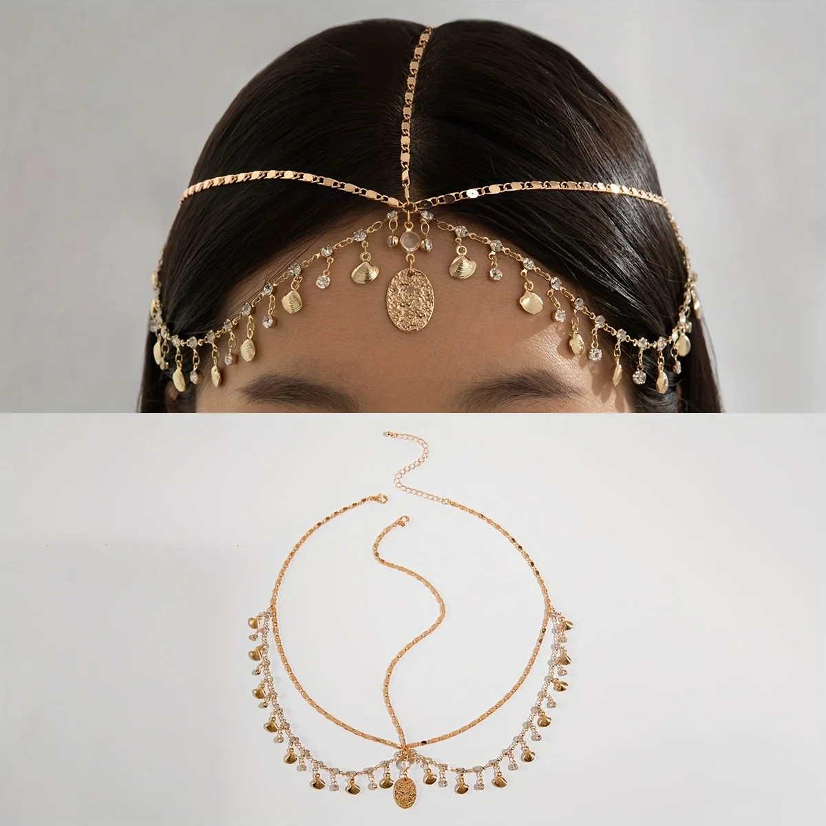 

1 Stylish Bohemian Metal Scallop with Rhinestone Fringed Headgear Irregular Geometric Round Pendant Dress Up Headgear