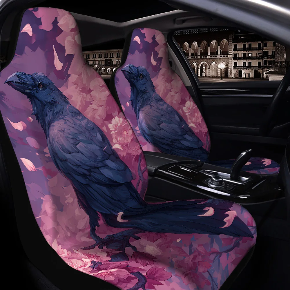 2pcs Black Crow Perch Branch Falling Cherry Rain Print Car Seat Covers, Suitable For Sedans, Suvs, Mpvs, Trucks, Durable Polyest