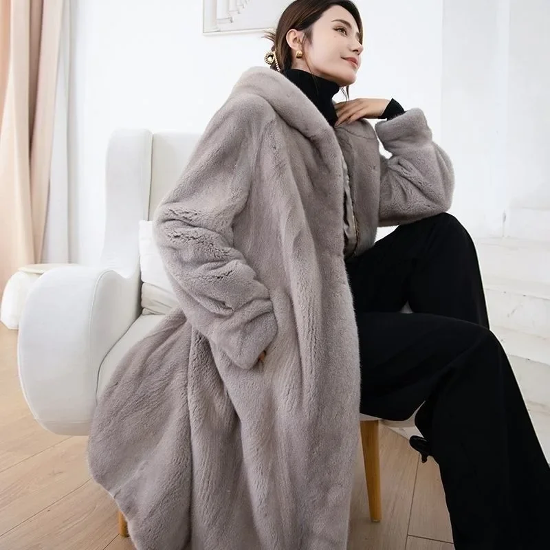 Fall / Winter Dopamine Mink Coat 2025 New Loose Hooded Over The Knee Mid-length Ermine Fur Coat for Women High Appearance Level
