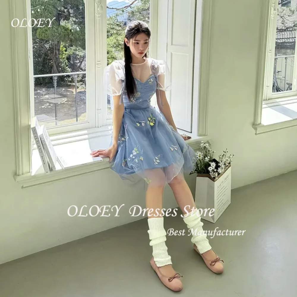 

OLOEY Exquisite Blue Floral Prom Dresses Korea Wedding Photoshoot Regular Flowers Evening Dresses Customized Tulle A-Line