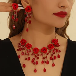 3pcs/set Elegant Vintage Red Rose Crystal Tassel Pendant Necklace and Earrings Romantic Jewelry Set, Zinc Alloy, Stainless Steel
