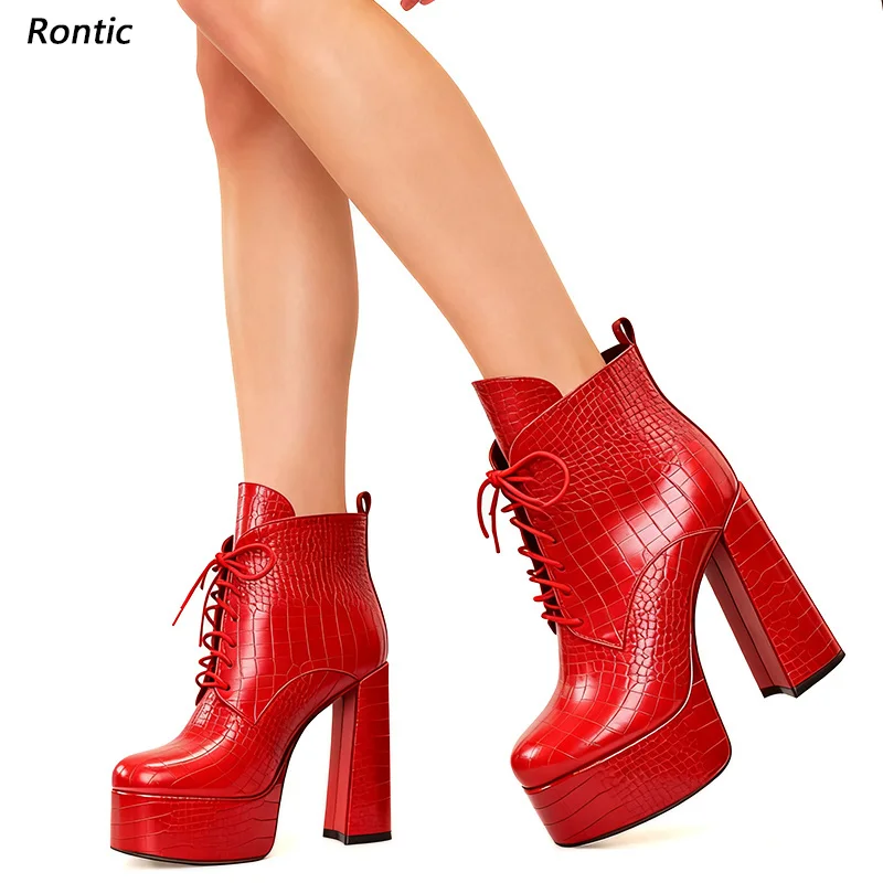 

Rontic Handmade Handmade Red Crocodile Print Platform Ankle Boots - Chunky Block Heel Design Lace-Up Women's Footwear Size 5-20