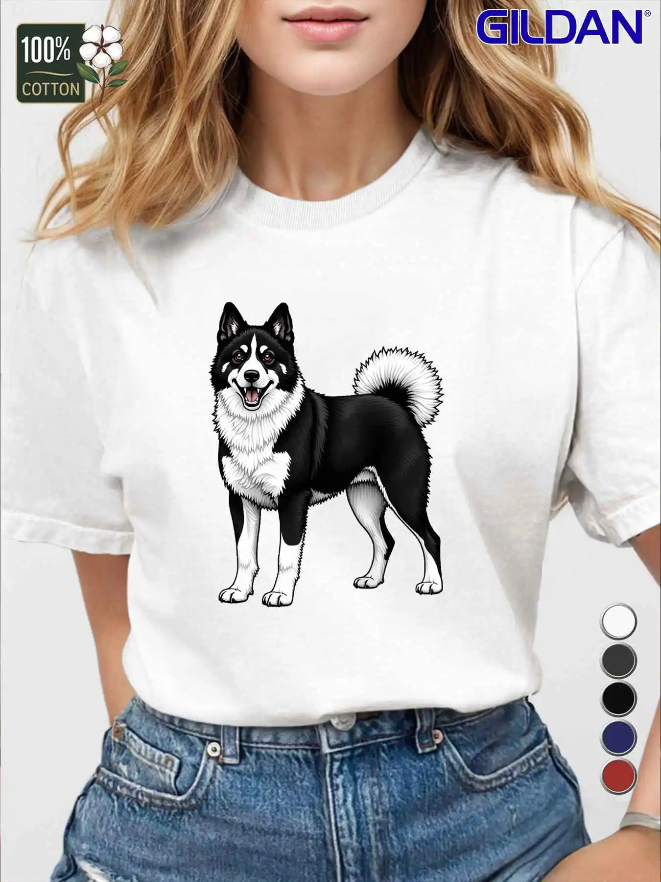 

Black White Finnish Spitz Dog Graphic Tee Women's Casual Round Neck Short Sleeve Cotton T-Shirt