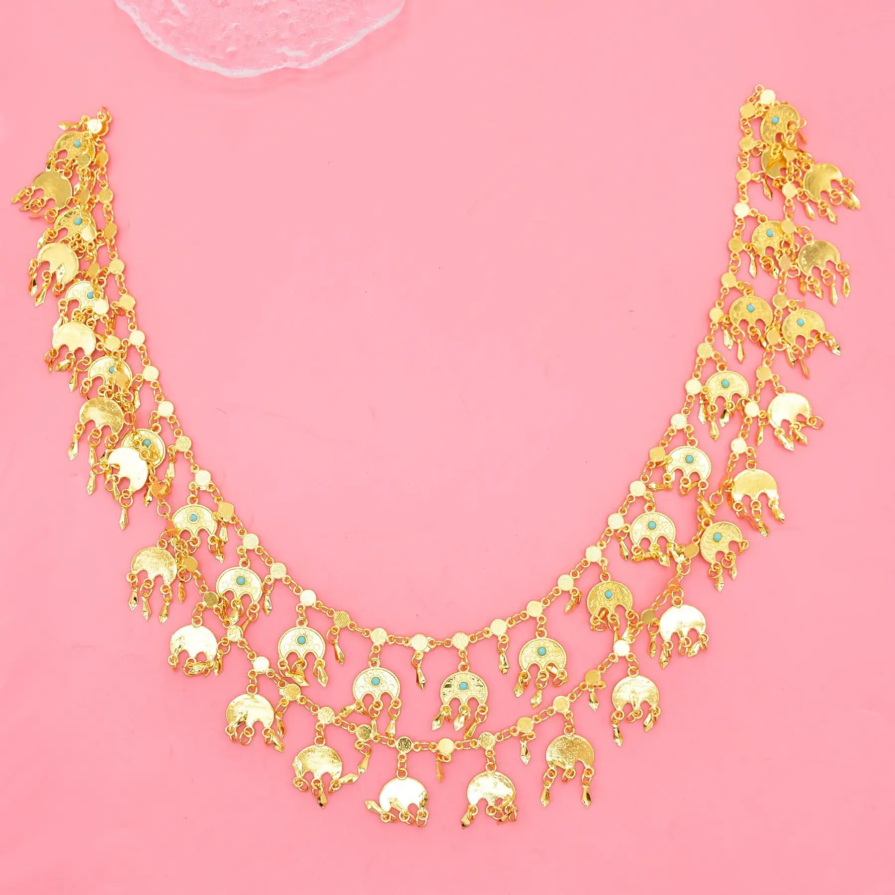 125cm Long Chain Moon Pendant Tassel Shoulder Body Chain Golden Turkish Ethnic Traditional Clothing India Kurdish Bride Jewelry