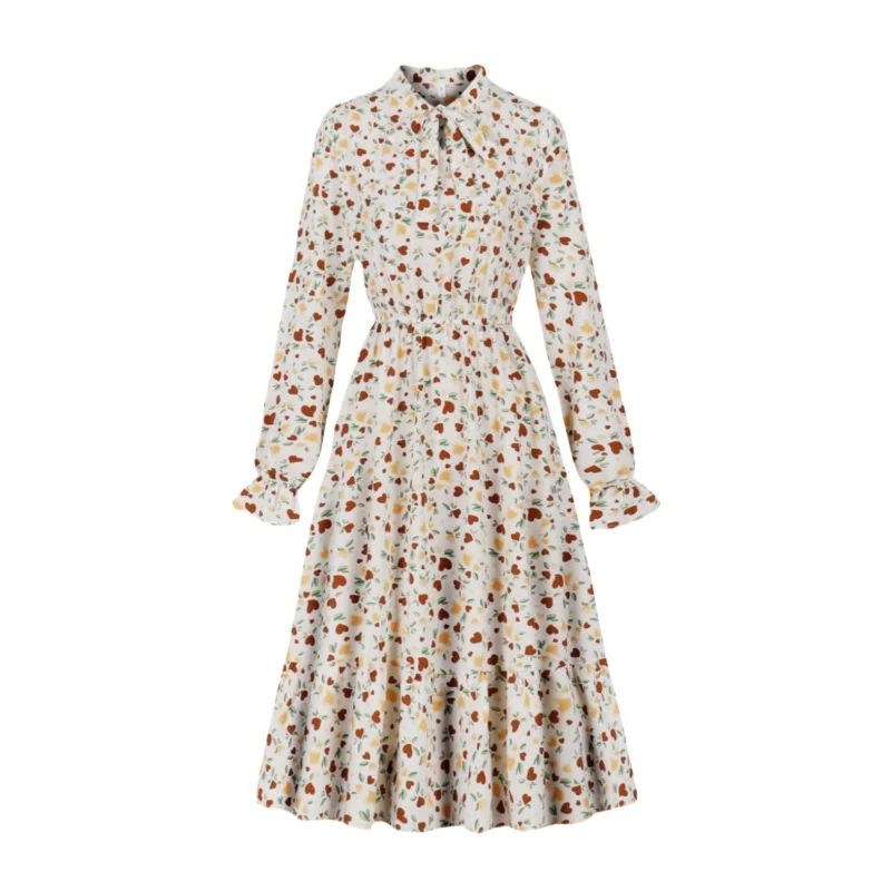 

Autumn retro gentle style small floral design with lotus leaf sleeves and waist cinching dress