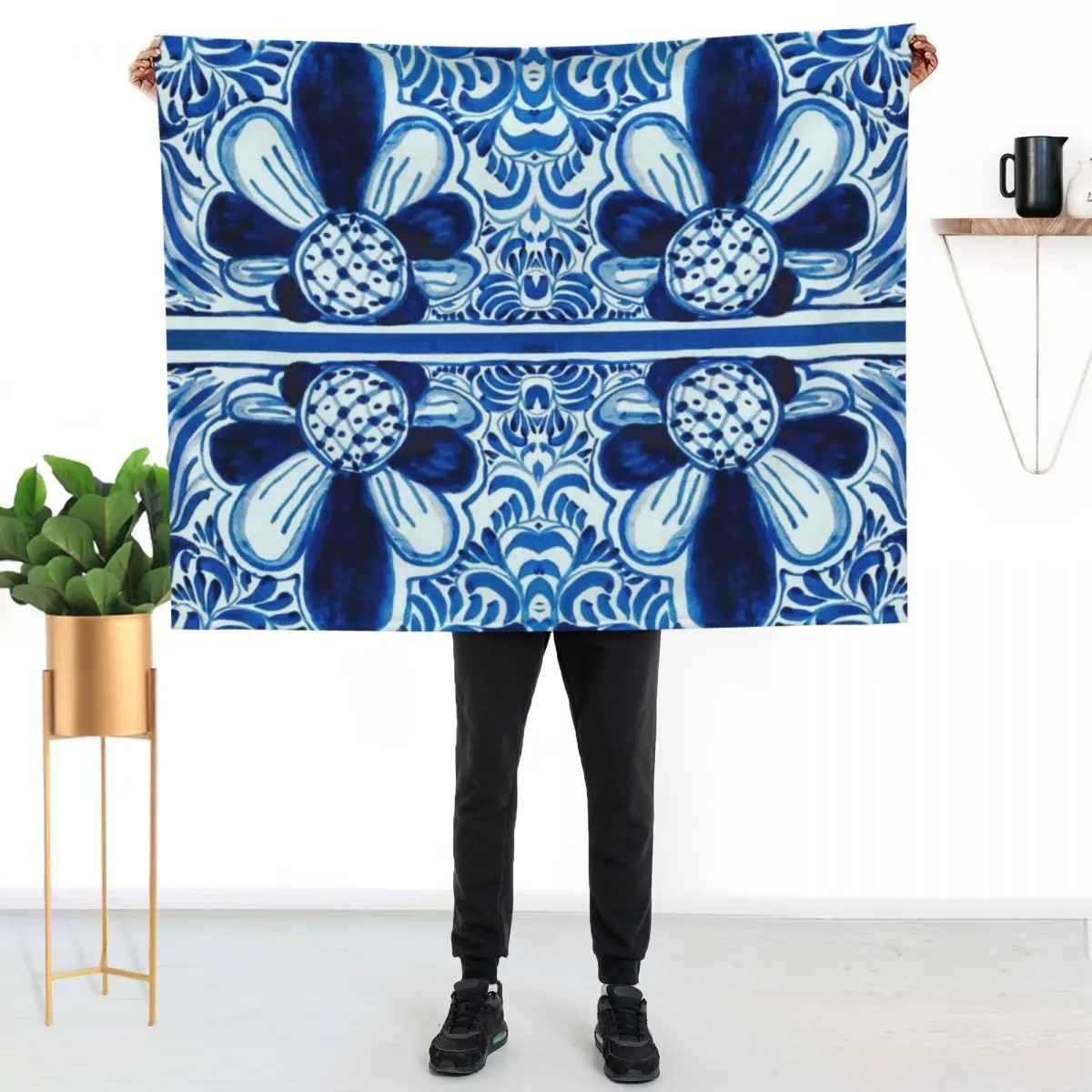 Blue and White Mexican Talavera Style - Vibrant Bright Blue Mexico Tile Painting, Festive, Colorful New Throw Blanket