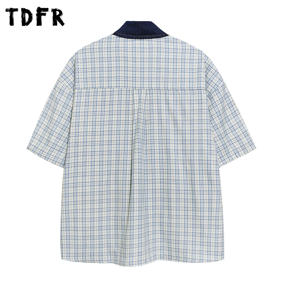 Cartoon Embroidery Short Sleeve Plaid Shirt Mens Summer Retro Casual Spliced Lapel Loose Half-Sleeve Cotton Checked Shirts Man