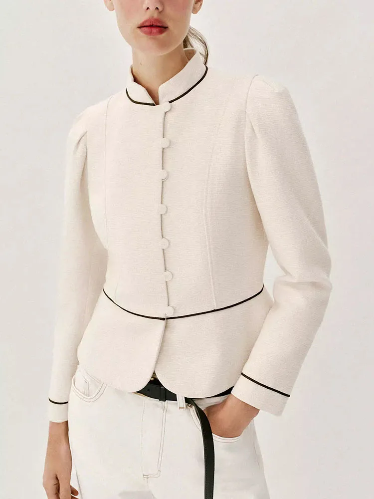 

Spring 2026 Women's Slim Fit Long Sleeve Stand Collar Color Block Trim Suit Jacket New Arrival Commute Style Short Outerwear