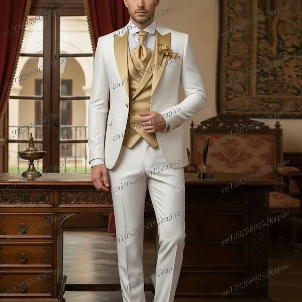 

New White And Gold Formal Men Suit Groom Groomsman Wedding Party Prom Business Male Tuxedos 3 Piece Set Blazer Vest Pants