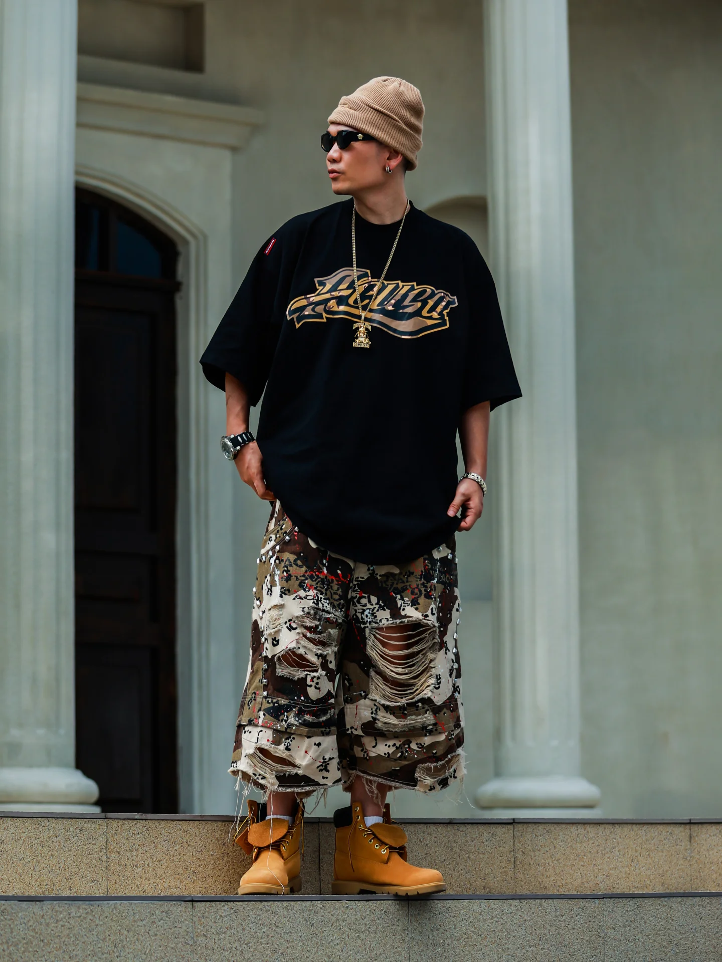 ACUSA American Street Desert Camouflage Letter Print Pure Cotton round Neck Short Sleeve Men's T-shirt Loose Hip Hop Style Black view 2