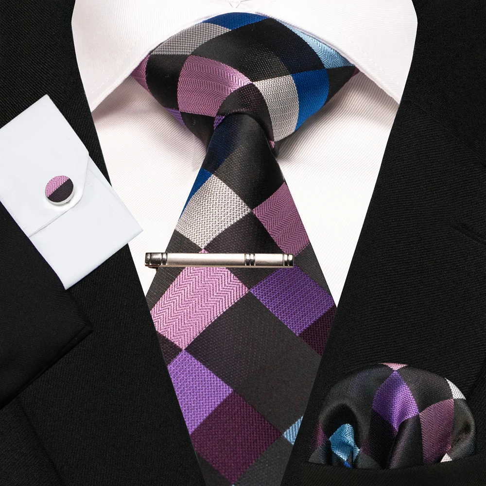 8cm Seidenkrawatten für Herren, grün-schwarze Krawatten, kariert, gestreift, Krawatten-Set mit Einstecktuch, Manschettenknöpfen und Krawattenklammern, für Hochzeit, Business, Party. – Detail 5
