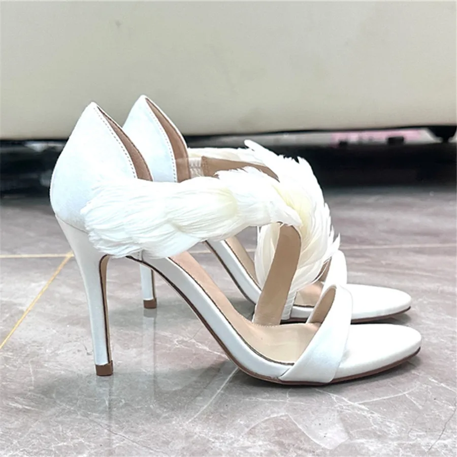 

Feather Decor Women Sandals Summer High Heel Shoes Satin Wedding Dress Pumps Peep Toe Gladiator Sandalias Ladies Party Stiletto