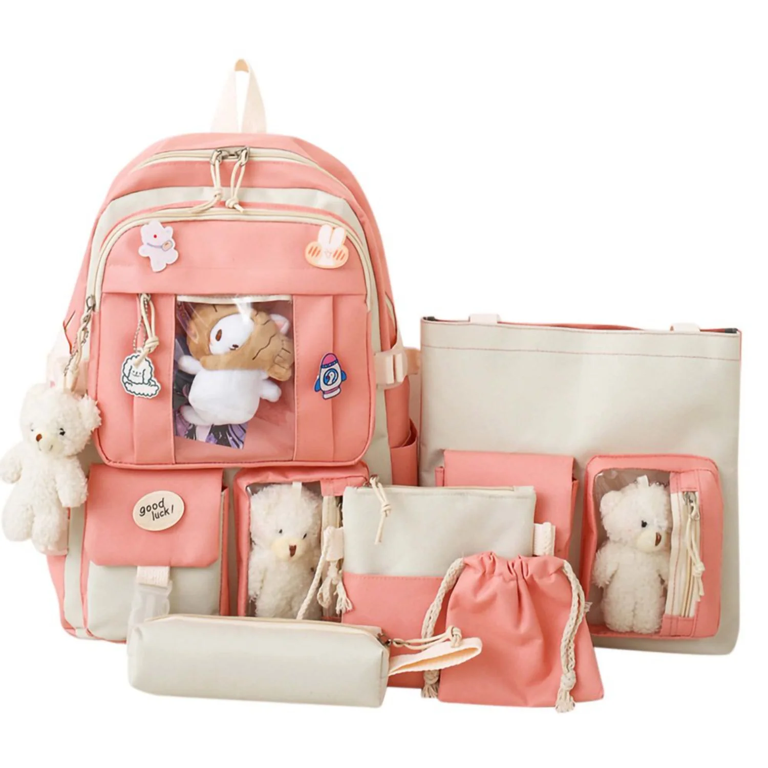 NEWCE Cute Plush Bear Girls Backpack Set with Accessories - Kawaii Laptop Bag for Girls, Pink Bogg bag Pencil bag Coin purse