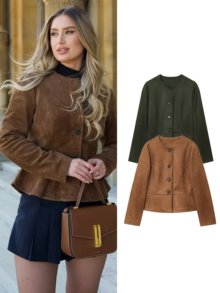 

TFMLN модное женское укороченное пальто из искусственной замши, темпераментная тонкая юбка с круглым воротником, дизайн по подолу, осень-зима, повседневные уличные куртки