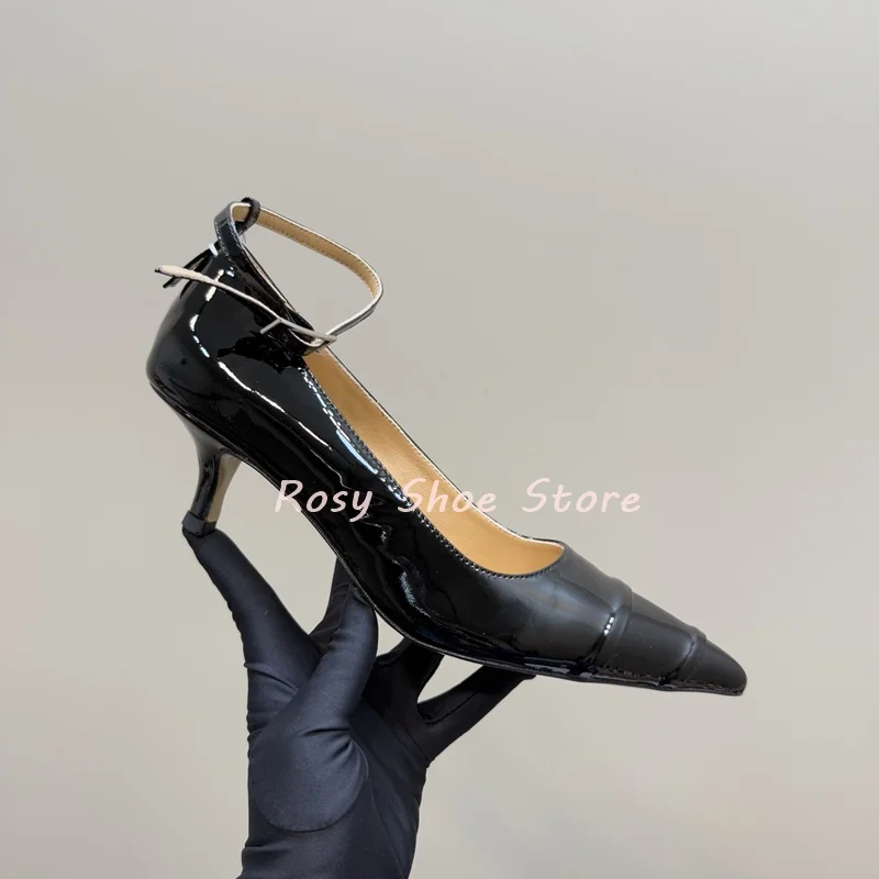 2025 جديد جلد طبيعي بوينت تو هريرة كعب المرأة مضخات بيرليسسينت براءات الاختراع والجلود الكاحل حزام مضخات مكتب سيدة فستان حذاء