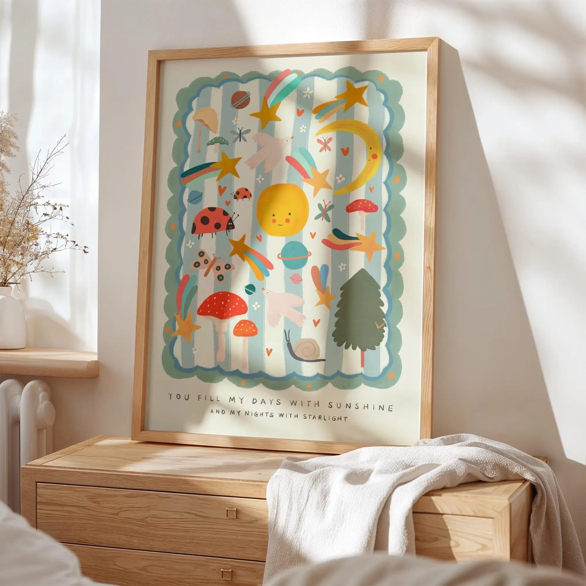 Neutral sun and star patterns, whimsical children's art, colorful abstract canvas posters, home décor, children's room wall art.