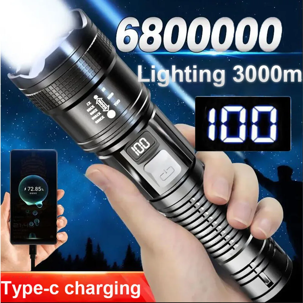 Lanternas LED recarregáveis portáteis, alta potência, lanterna tática militar, tocha de zoom telescópico, lâmpada para camping ao ar livre e pesca