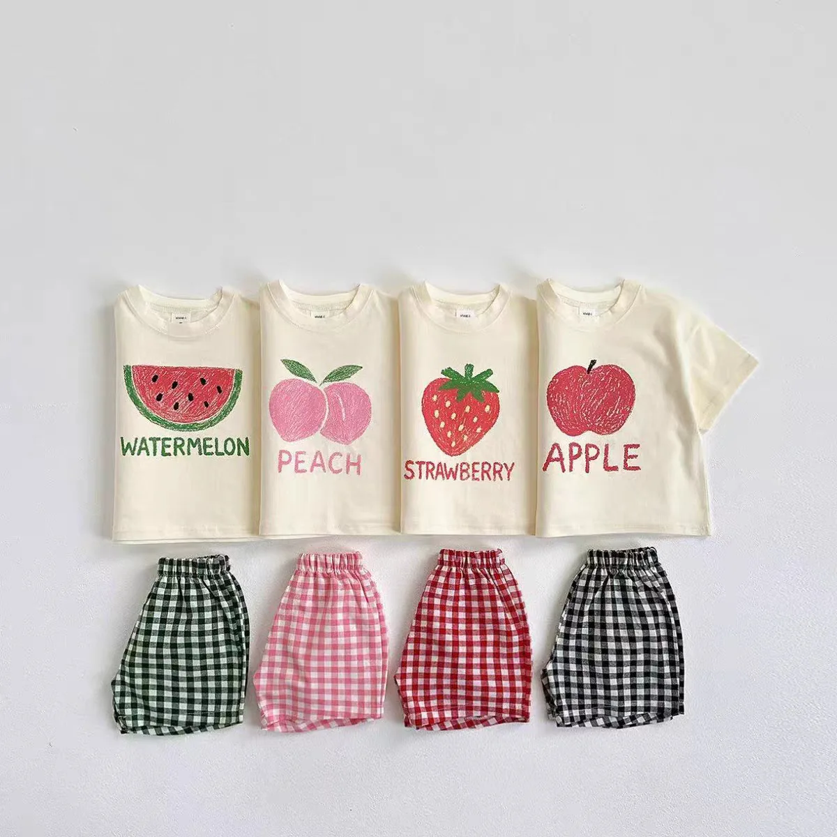 

2025 Summer New Children Short Sleeve Clothes Set Girls Fruit Print T Shirts + Plaid Shorts 2pcs Suit Kids Cotton Casual Outfits