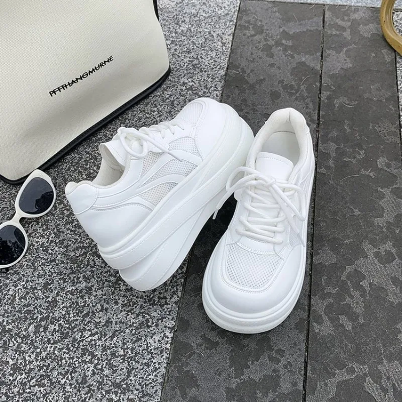 Zapatillas deportivas de plataforma de malla para mujer, con cordones, de caña baja, suela gruesa, que aumentan la altura, transpirables, informales, para caminar a diario, calzado deportivo.