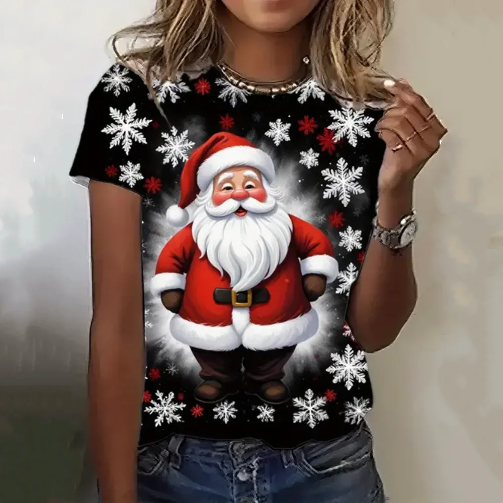 Santa Claus Print T Shirt For Women's X'mas Harajuku Streetwear Fashion Crew Neck Short Sleeve Tops New Year Gift Oversized Tees