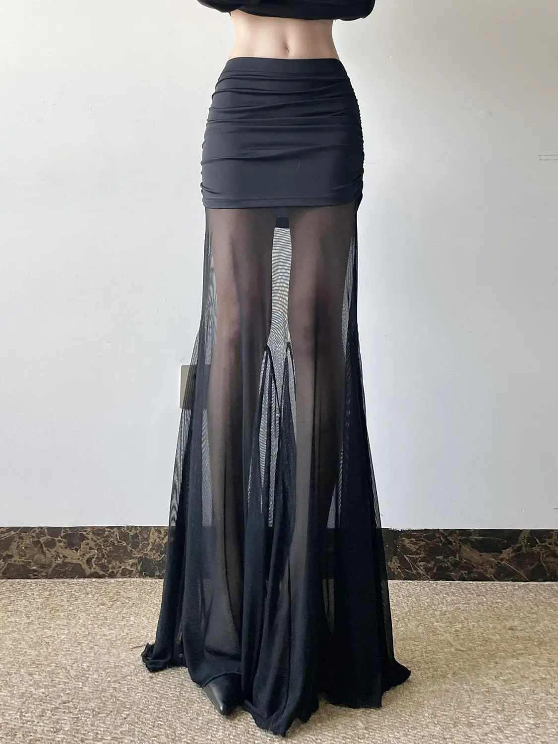 French Mesh Patchwork Skirt Sexy Beach Vacation Shade Long Skirt Fashion PROM Party Dress Elastic High-waisted A-line Skirt