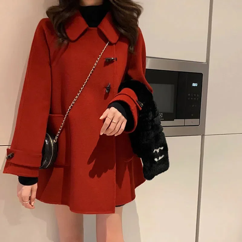 Thickened Winter Woolen Coat 2022 Early Spring Women's Long Red Coat With Horn Buttons Fashionable Women's Outerwear