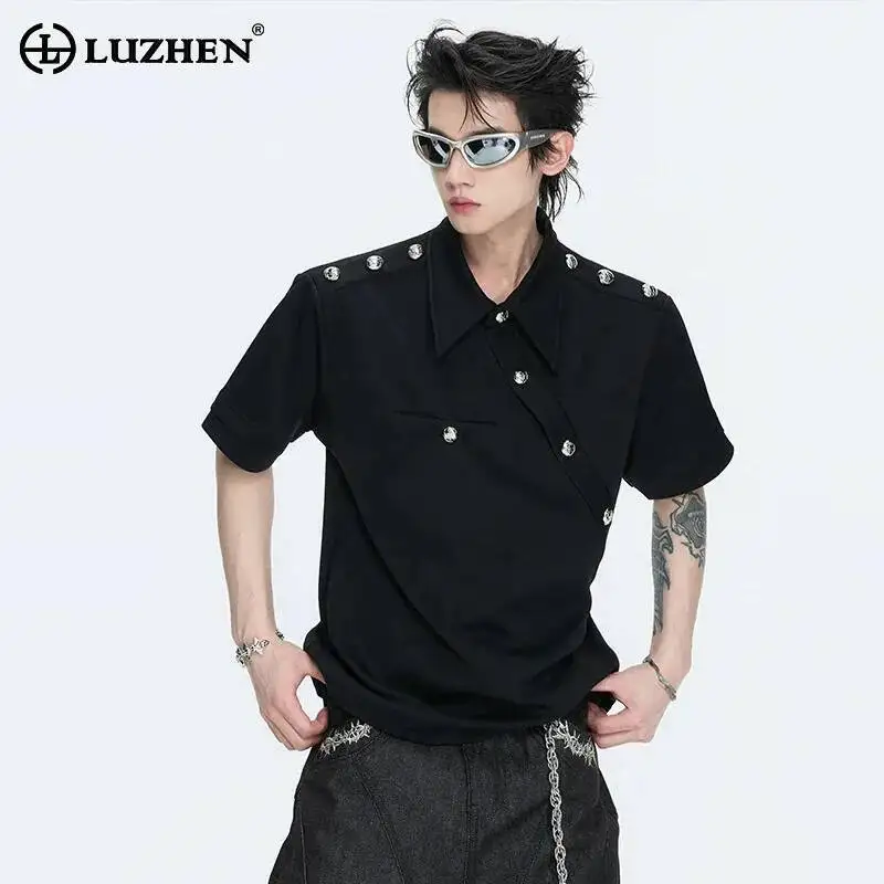 

LUZHEN 2026 Summer Buttoned Decorate Patchwork Design Solid Color Short Sleeve T-shirt Men's Fashion Handsome Casual Tops JY6854