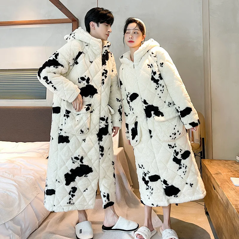 Autumn Winter Bathrobes Cotton Warm Lengthened Kimono Gown Couple Flannel Robe Women Hooded Bathrobe Men White Cow Home Clothes