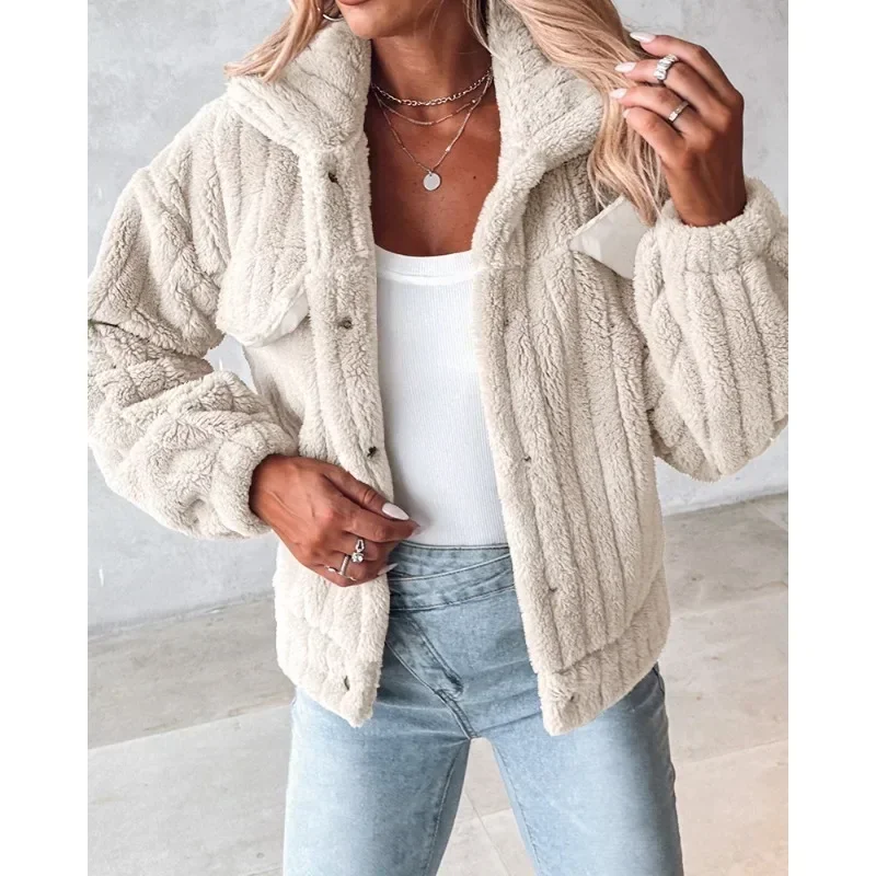 Giacca Teddy abbottonata con colletto rovesciato Y2K vestiti eleganti donna elegante inverno manica lunga peluche sciolto caldo cappotto spesso