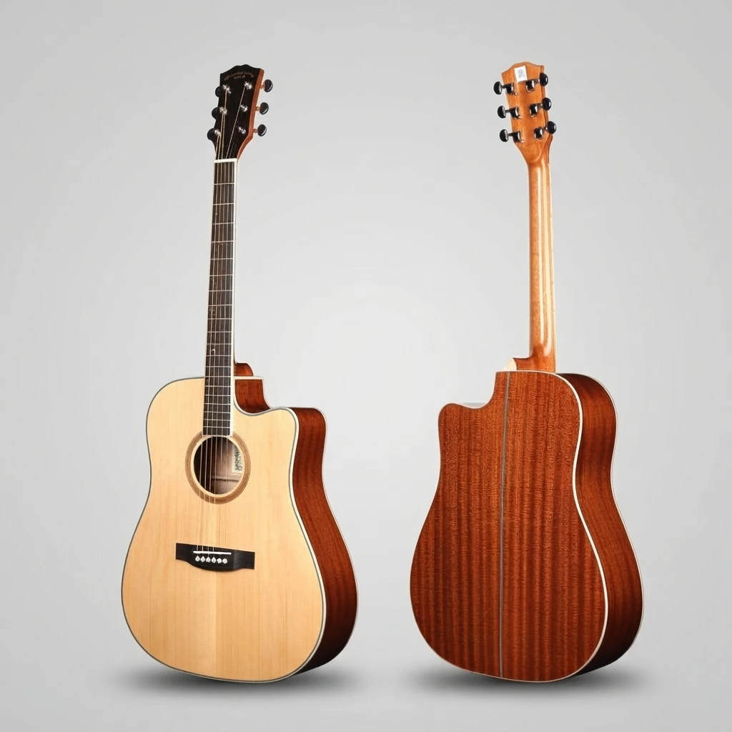 Dreadnought Cutaway Folk Acoustic Guitar,Solid Spruce Top,Sapele Body,Gloss Coating,Great Choice For New Guitar Practitioners