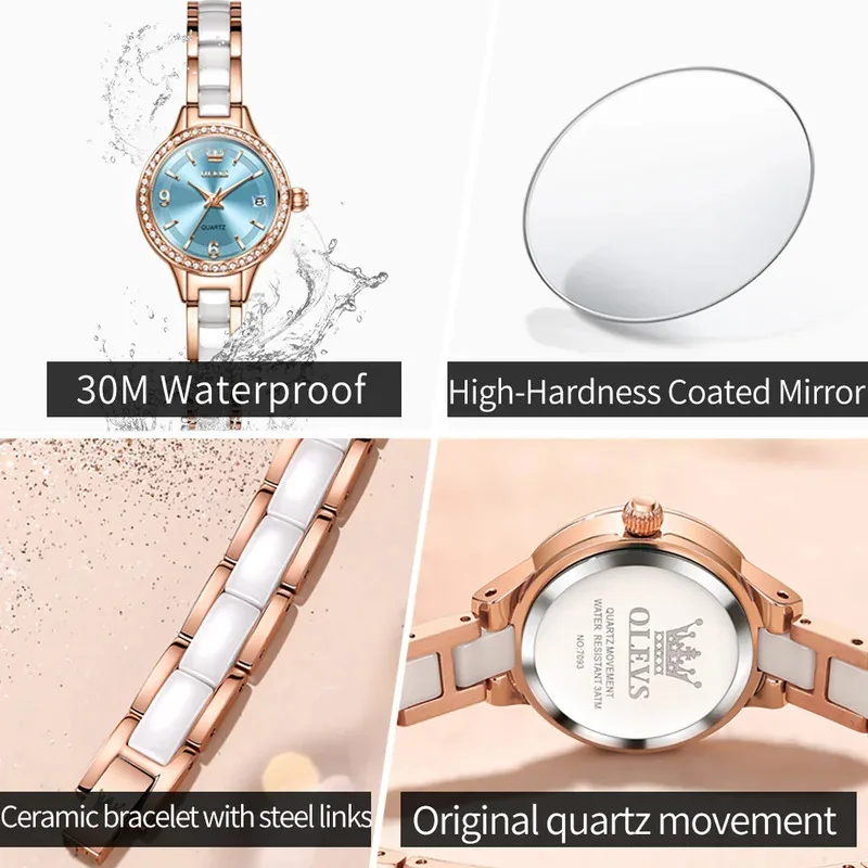 OLEVS 럭셔리 쿼츠 시계 여성용 우아한 세라믹 스트랩 방수 자동 날짜 럭셔리 시계 7093
