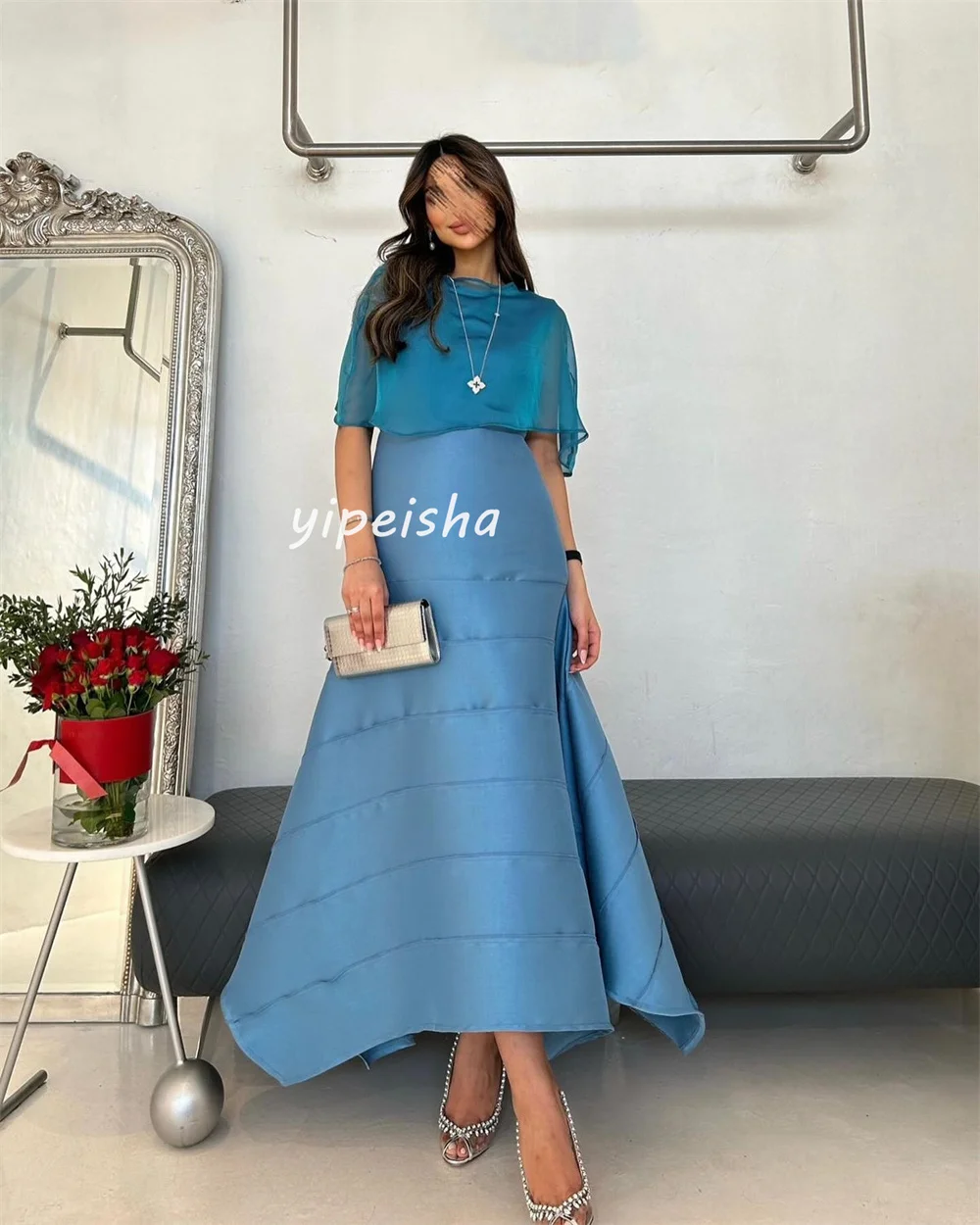 Customized Fashion Simple Pleat A-line High Collar Midi Dresses Evening Dresses Sizes Available High Quality Modern Style Matchi