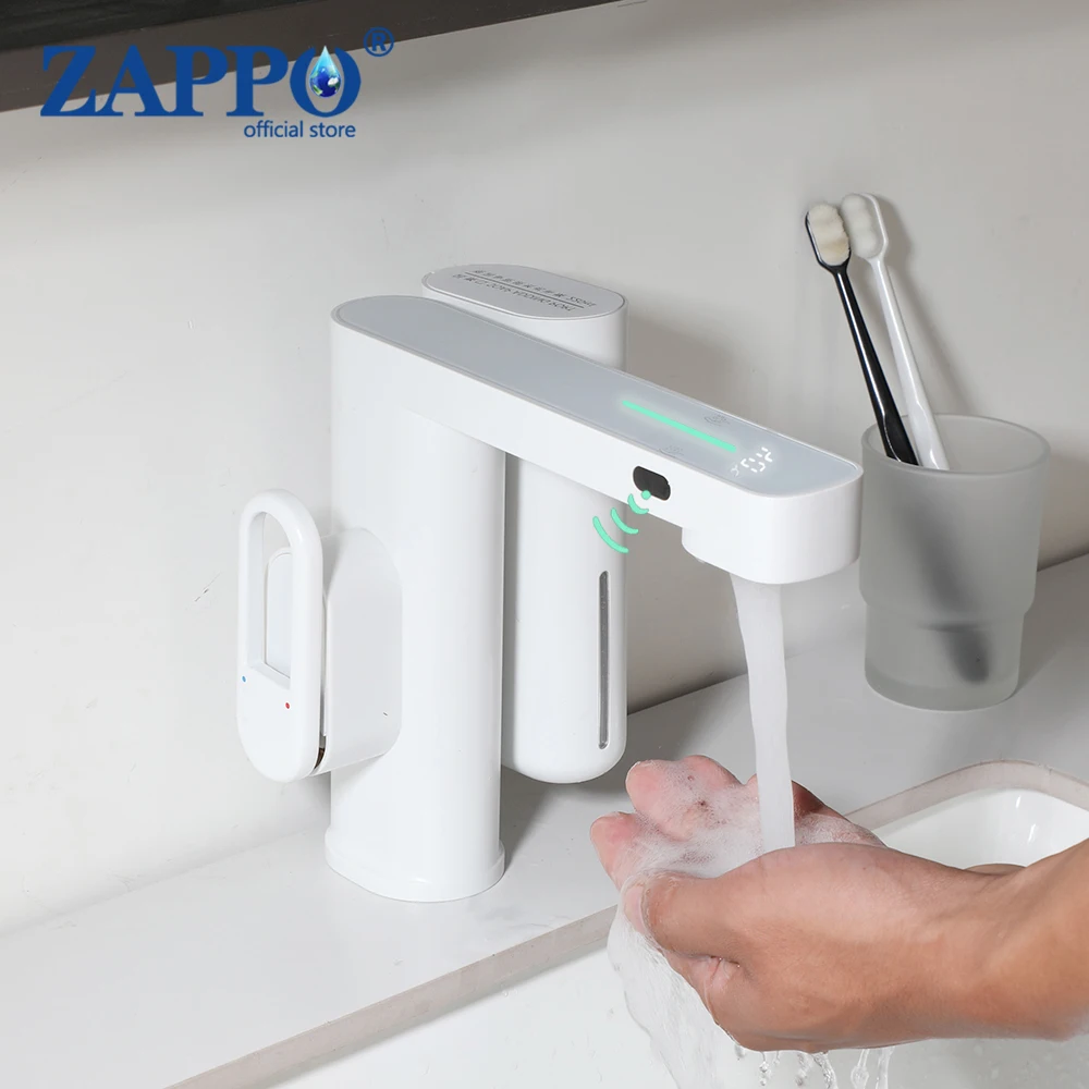 Zappo-torneira Automática do Banheiro do Sensor Saboneteira Inteligente Torneiras de Pia de Bacia Branca Deck Montado Torneira Misturadora Preto