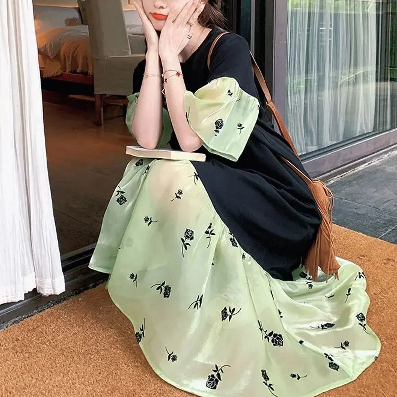 

Contrasting Colors Spliced Midi Dress Summer Broken Flowers Casual Short Sleeve Female Clothing Loose Round Neck Dresses E7586