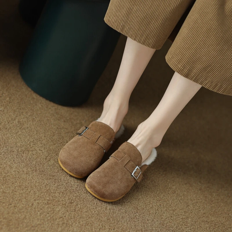 

NEW Winter Slippers Women Round Toe Low Heel Women Shoes Cow Suede Wool Warm Slippers Outside/Indoor Slippers Soft Shoes Women