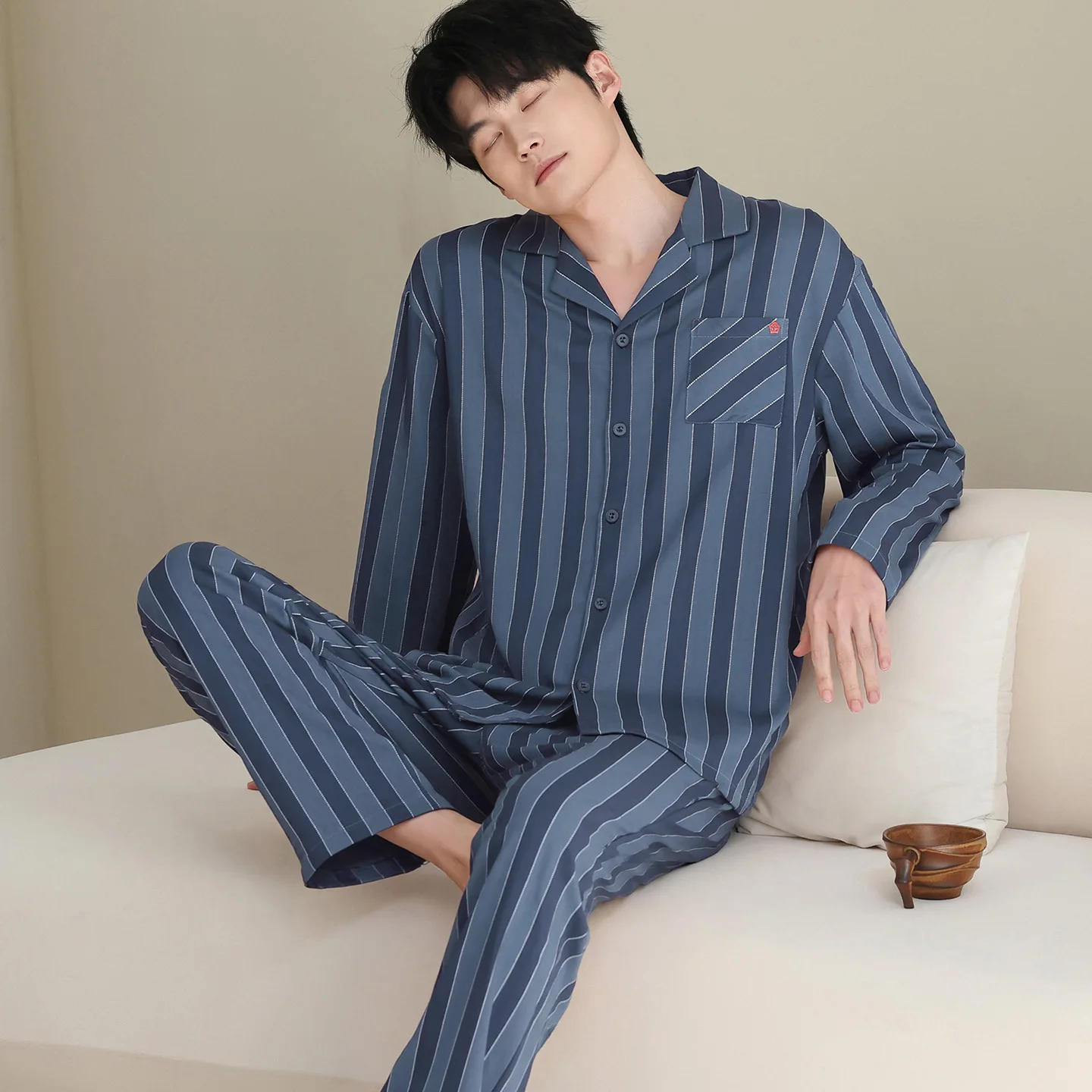 Casual Men Long Sleeve Long Pants Pajamas 100% Cotton Double Gauze Lapel Cardigan Striped Autumn Indoor Home Sleepwear Suit