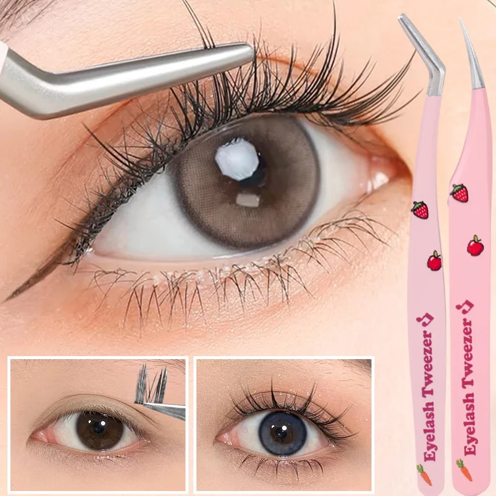 Pink Stainless Steel Eyelash Tweezers Set High-quality 3D False Lashes Extension Tweezer Makeup Tools Anti-static Eyelashes Tool