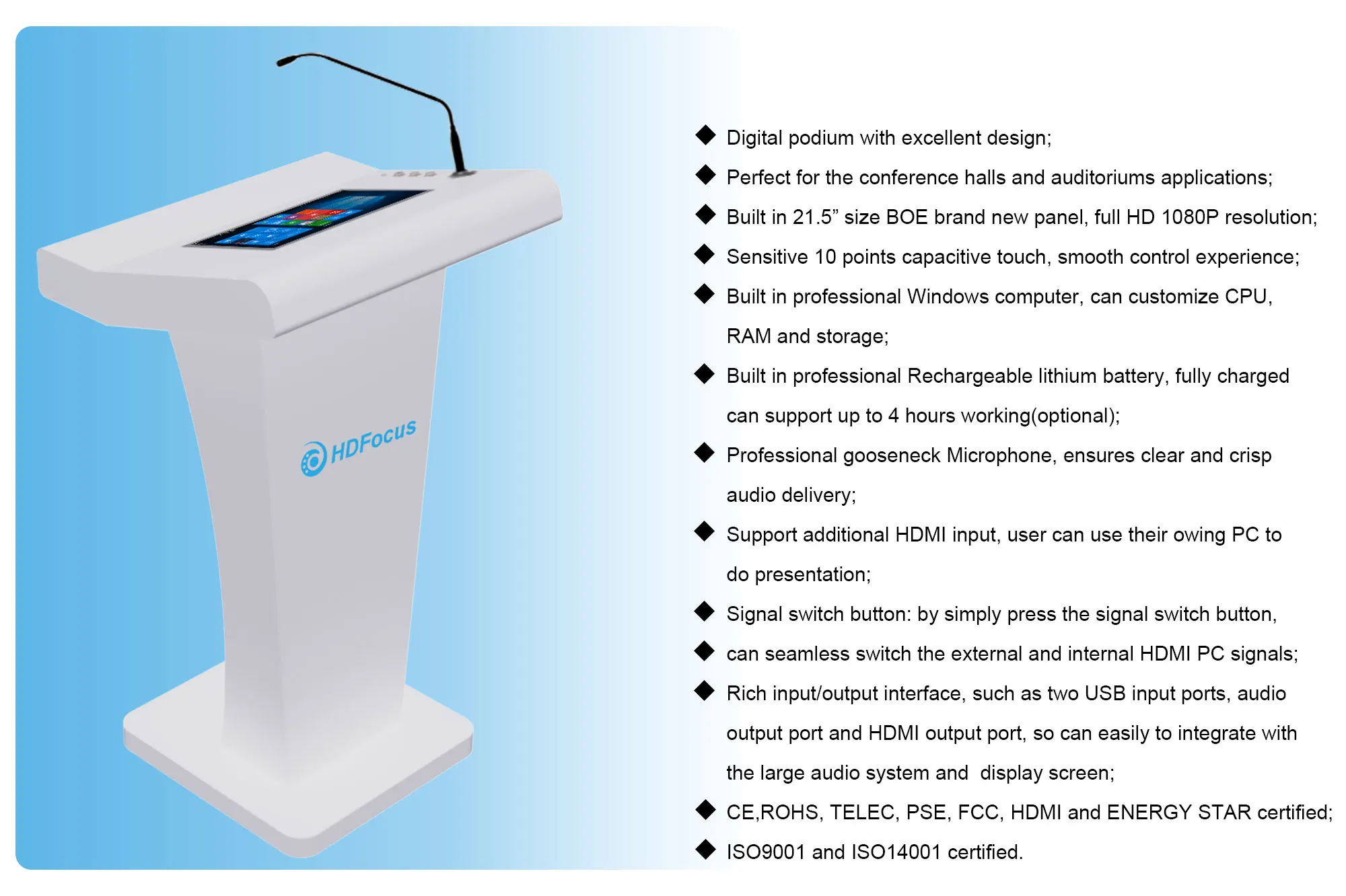 21.5 Inch Interactive LCD Digital Podium Touch Screen Integrated Digital Lectern System Floor Stand for Church Events Easy